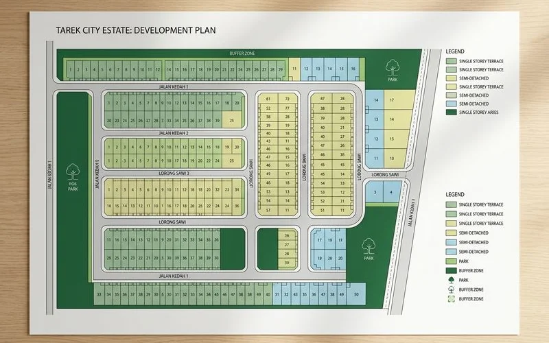 Pelan layout projek perumahan dengan Bumi Lot
